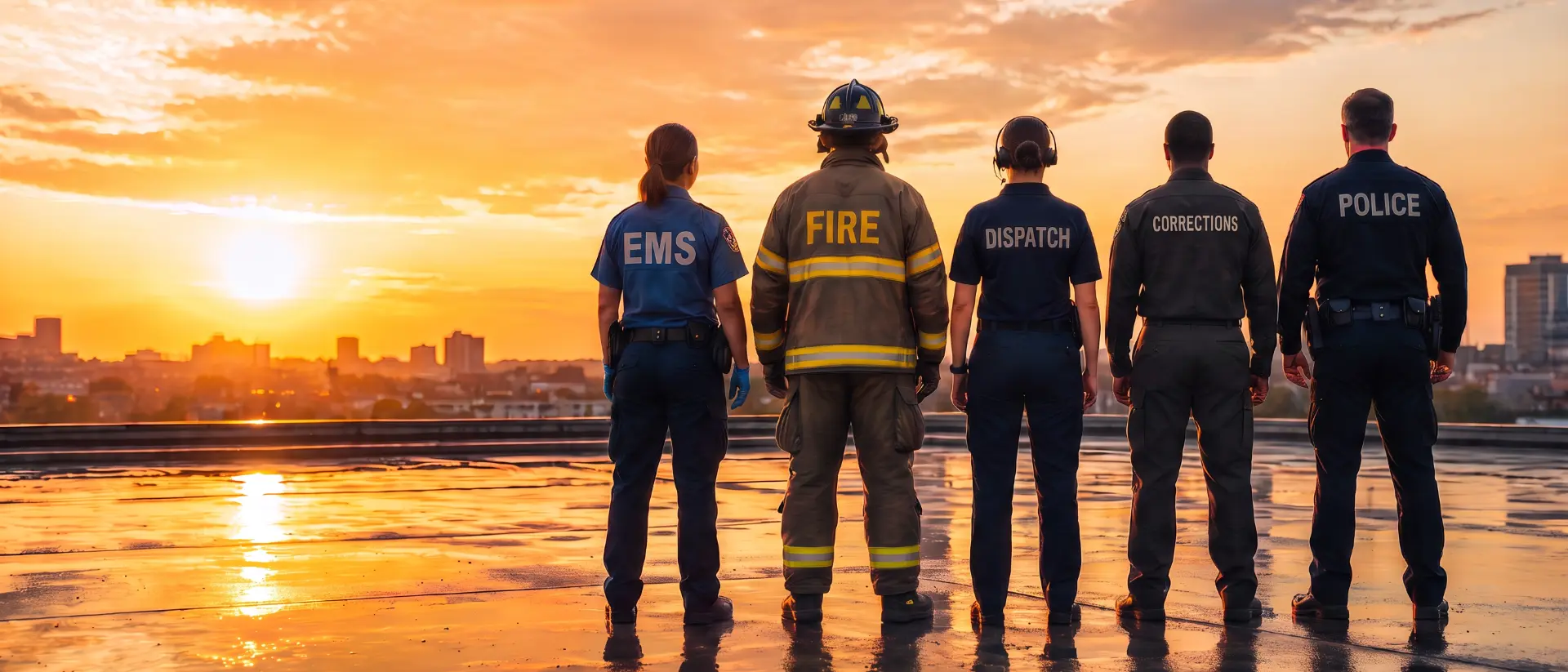 Five first responder disciplines standing together at sunrise: EMS, Fire, Dispatch, Corrections, and Police
