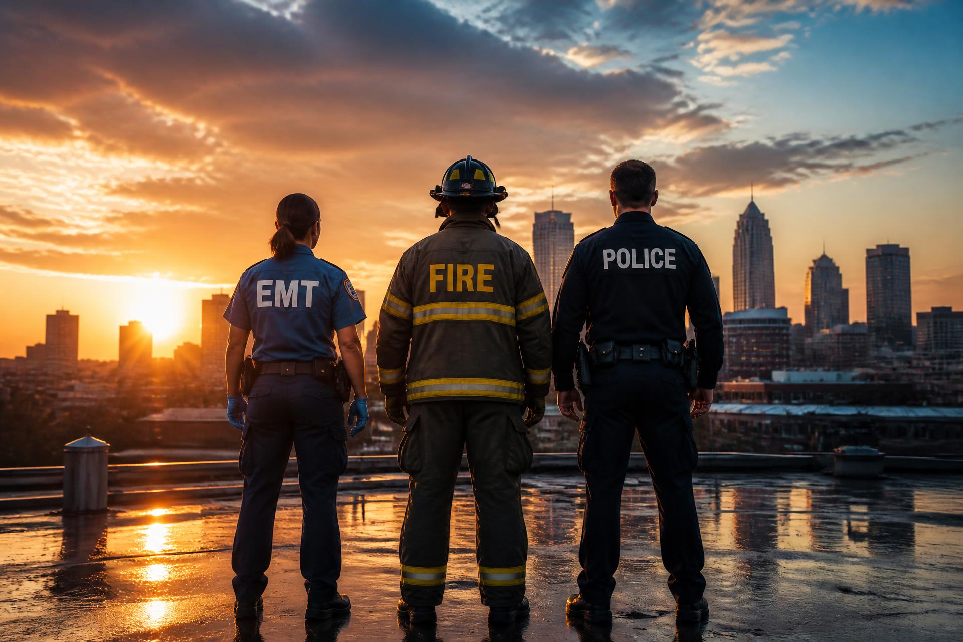First responders standing together at sunrise